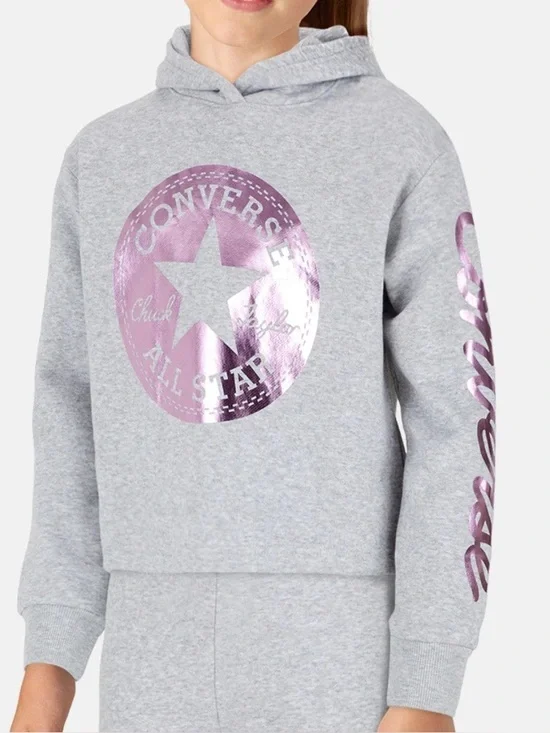 Converse Girls Cropped Foil Hoodie Lunar Rock Heather Size Medium