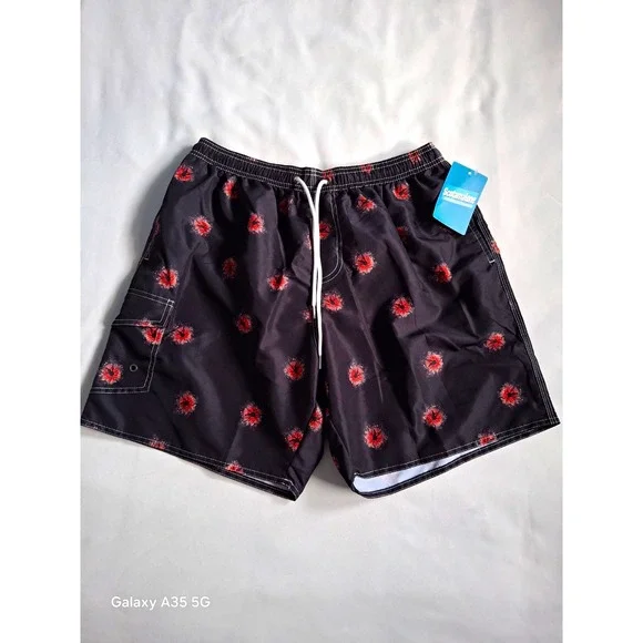Scotamalone Men's Floral Swim Trunks Black/Red Drawstring Pockets Size L