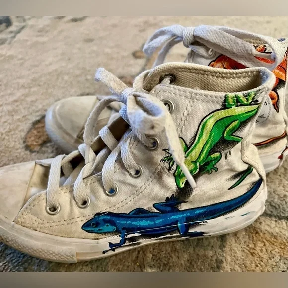 CONVERSE  All Star Kid White Blue High-Top Lizard Gecko Laces Shoes 13