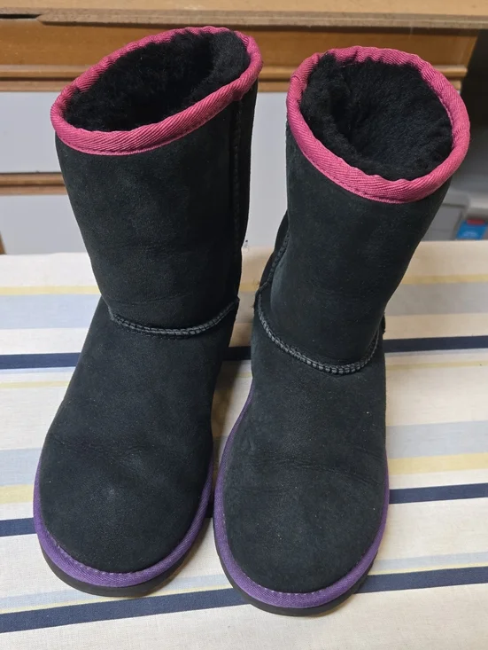 UGG Black Suede Mid-Calf Boots with Pink Trim and Purple Soles