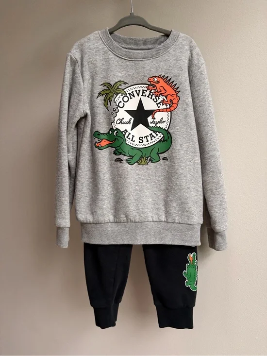 Converse Gray Kids Sweatshirt with Green and Orange Crocodile Graphic