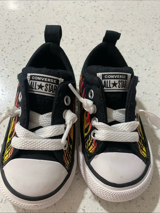Converse Kids Black Low Top Sneakers with Red and Yellow Flame Design