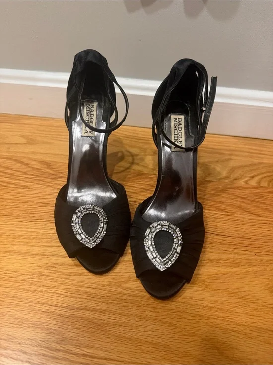 Badgley Mischka Black Satin Ankle-Strap Heels with Crystal Teardrop Buckle
