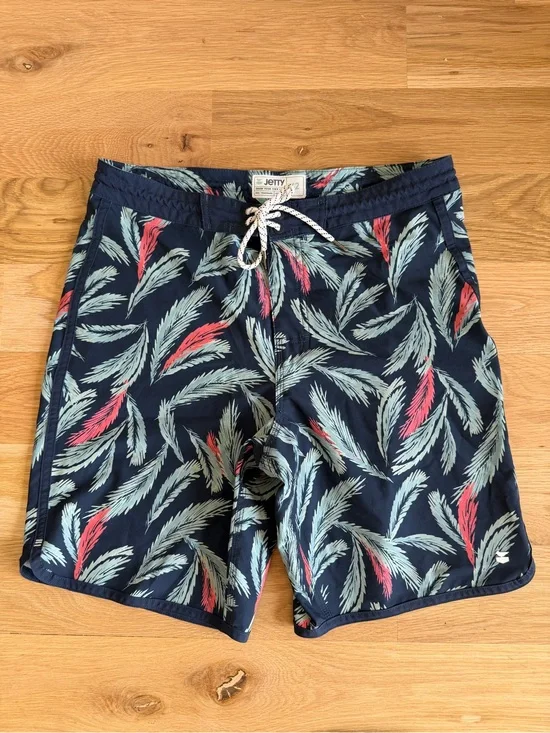 Jetty Mollusk 8” Navy Palm Leaf-Print Boardshorts - Size 32