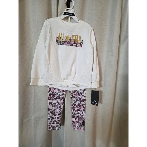 Converse Kids All Star 2 Piece Set White Sweatshirt and Floral Camo Leggings