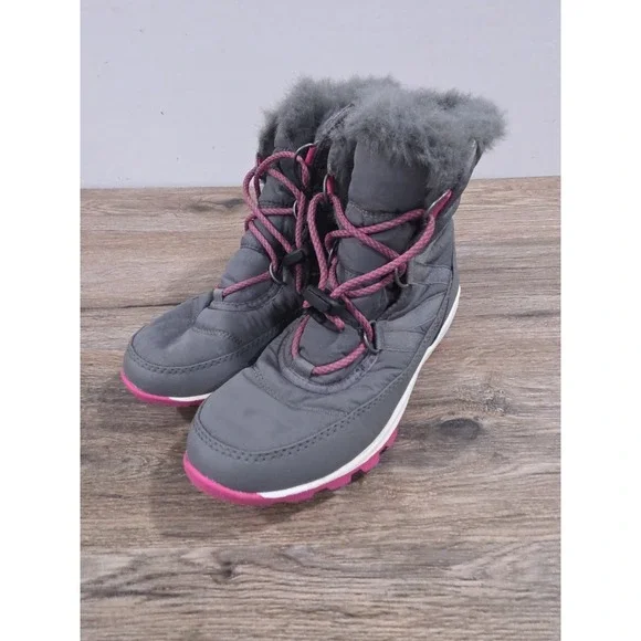 Sorel Youth Girls Pink Grey Whitney Nylon Snow Boots Faux Fur Lined Size 6