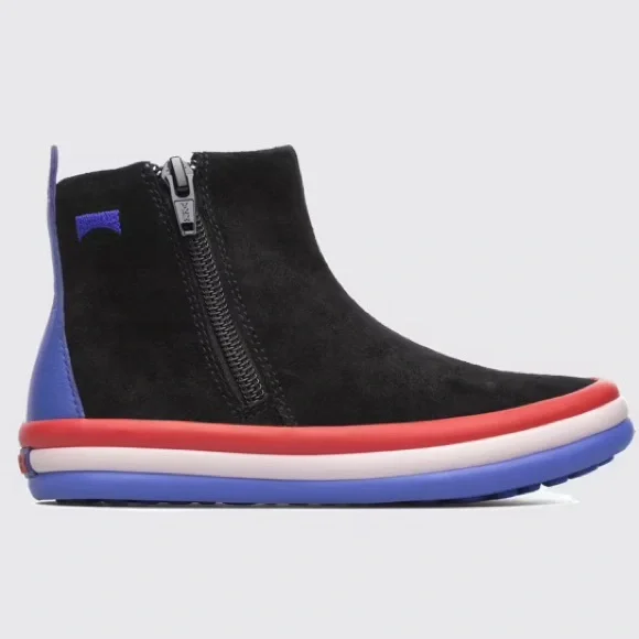Camper Kids Black Suede Ankle Boots with Red, White & Blue Trim