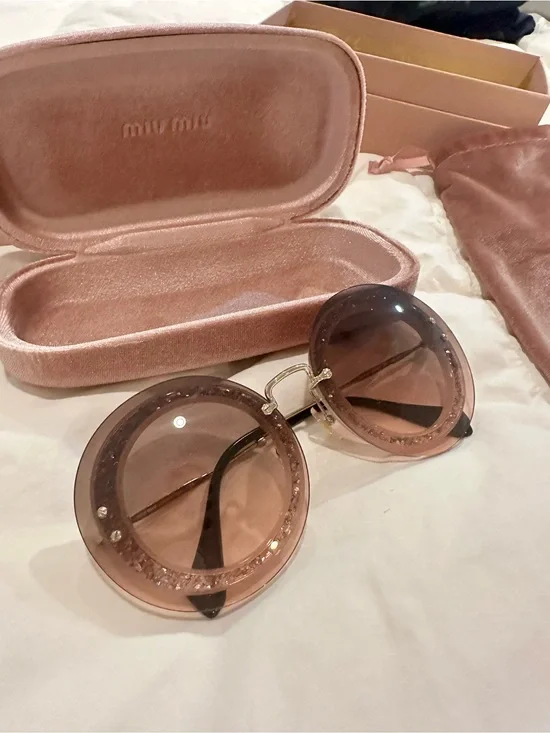 Miu Miu SMU10R Pink Glitter Round Sunglasses w/ Box & Case