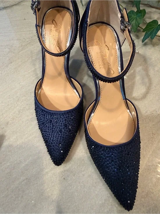 Jewel by Badgley Mischka Navy Blue Rhinestone Pointed-Toe Stilettos Size 5