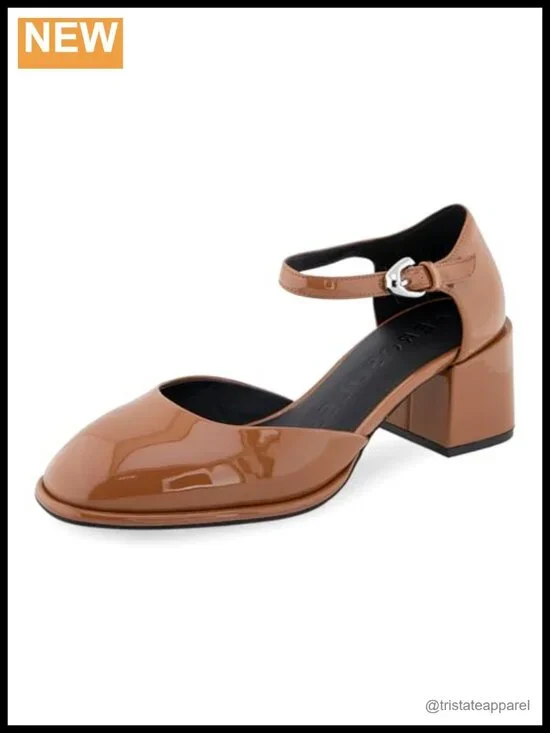 Faux Leather Block Heel Buckle Ankle Strap Pump Almond Toe
