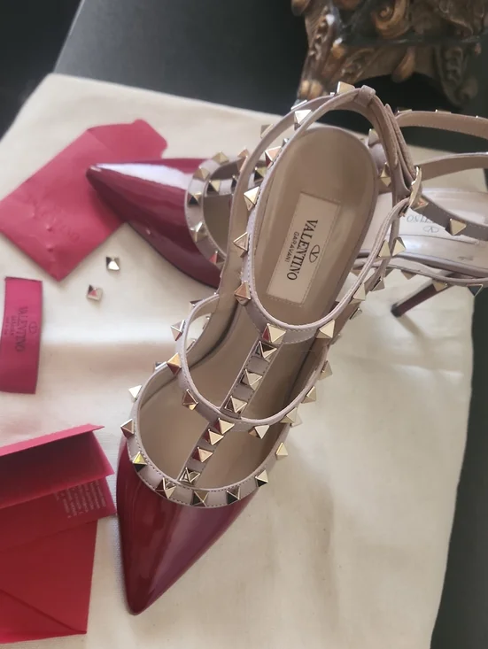 Valentino Garavani Red Patent Leather Rockstud T-Strap Pumps with Nude Straps