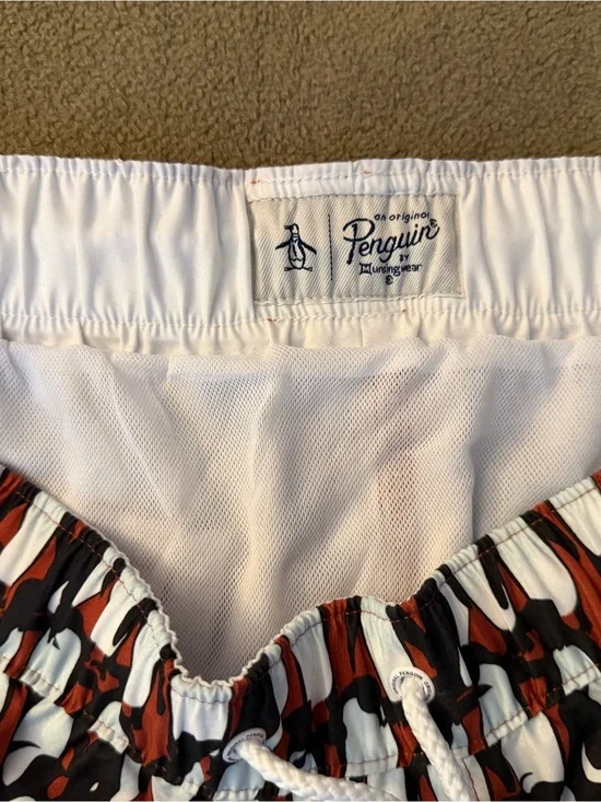 Original Penguin Rust, White & Black Penguin-Print Swim Trunks