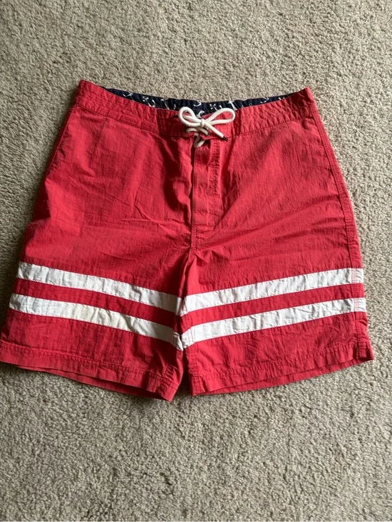 Brooks brothers men red two striped board shorts swim bathing suit shorts sz 33