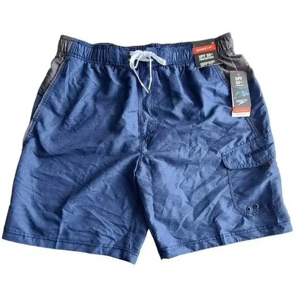 Speedo‎ Marina Sport Volley Swim Trunks Navy Gray XL UPF 50+ Cargo Pocket