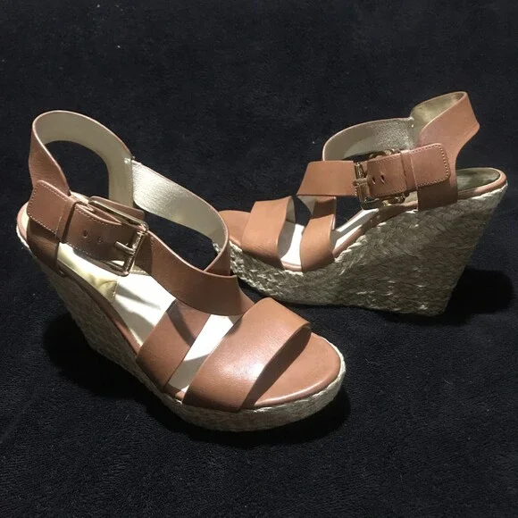 Michael Kors sz 61/2 Women’s Giovanna Brown Leather Wedge Espadrille Sandals