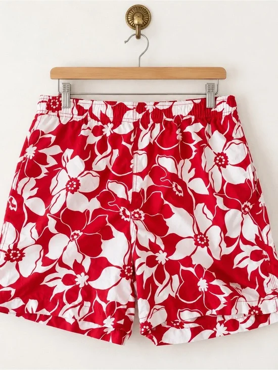 lands’ end men’s red white floral swim trunks size medium 32-34