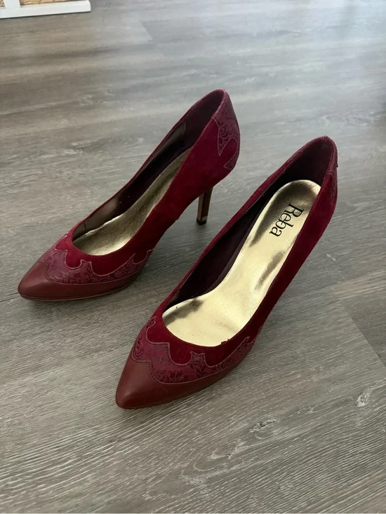 Reba Burgundy Pointed-Toe Mixed-Material Pumps