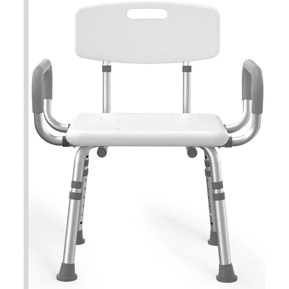 Shower/Bath Chair‎ Adjustable Height w/ Backrest & Armrests, White/Gray