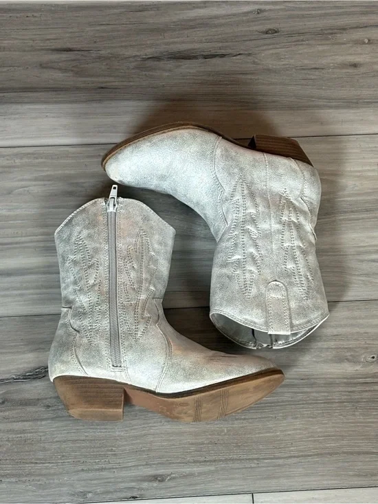 Mia | Girls Silver Western Cowboy Boots Side Zippers | SZ 1 Youth