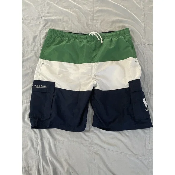 Men US Polo Assn Cargo Line Elastic Embroidered Swim Trunks XXL Green Blue White