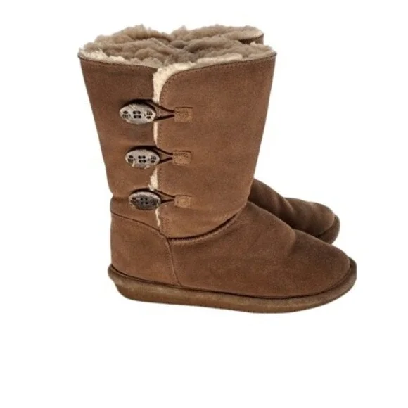 Bearpaw Boots‎ Kids Girls Size 3 Tan Brown Button Sherpa Lined Suede