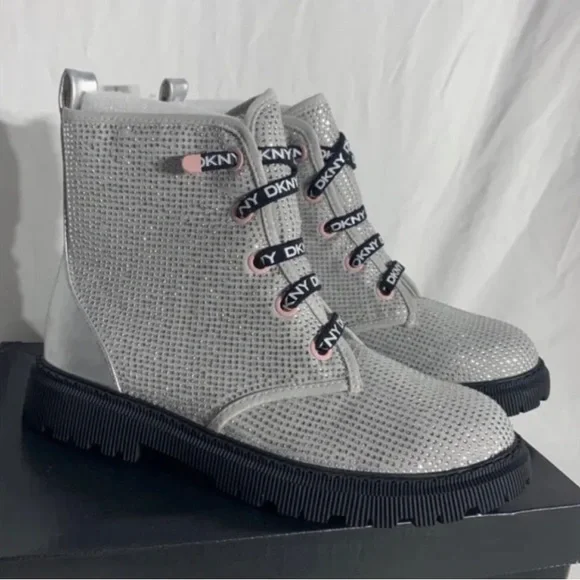 Dkny Shoes Toddler Girl Silver Black Rhinestone Combat Boots SZ 12 NEW