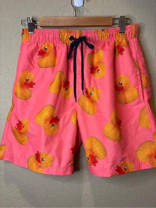 Men's Bright Pink Rubber Duck Swim Trunks
