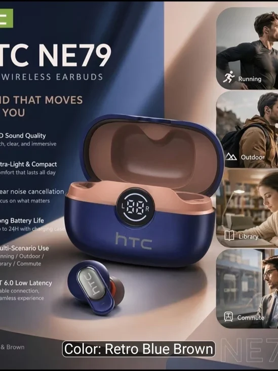 HTC NE79 Retro Blue Brown Wireless Earbuds - True Wireless Bluetooth