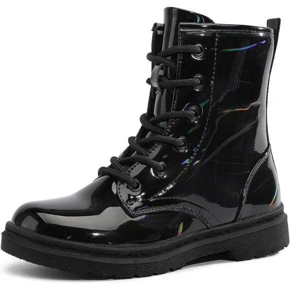 Girls Black Rubber Ankle Side Zipper Lace Up Stylish Comfort Glitter‎ Boots