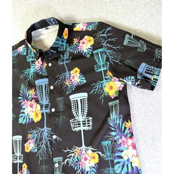 Disc Golf Hawaiian Shirt Men's Tropical Basket Floral Print Button Up Size Small