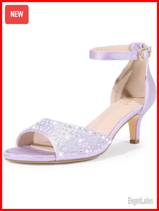 Rhinestone Satin Open Toe Ankle Strap Kitten Heel Sandals