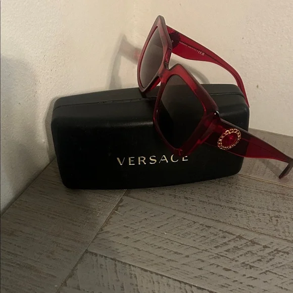 Versace Red Square-Frame Sunglasses with Gold Medallion