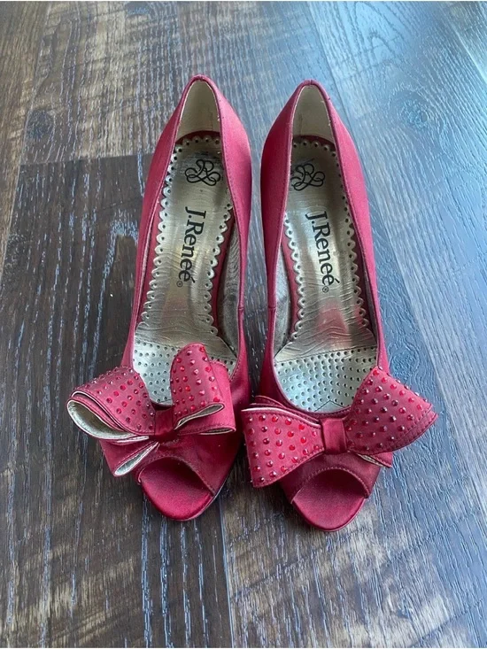 J.Renee Red Satin Peep-Toe Bow Pumps with Stud Accents