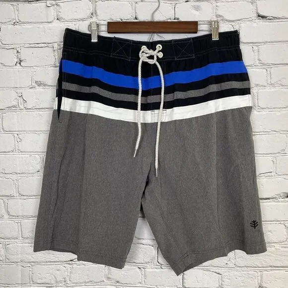 Coolibar Mens Island‎ Swim Trunks Size Large Gray UPF 50+ Mesh Lined Striped 10