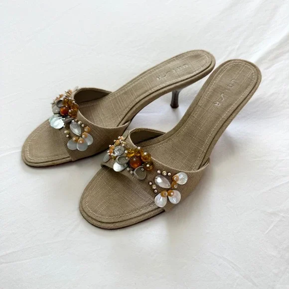 Vintage Y2K Unisa Ceecee Beaded Linen Kitten Heel Slide Sandals Size 8B