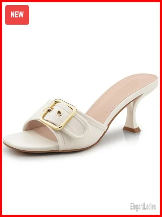 Kitten Heel Sandals Square Open Toe Slip On Buckle Mule Heels
