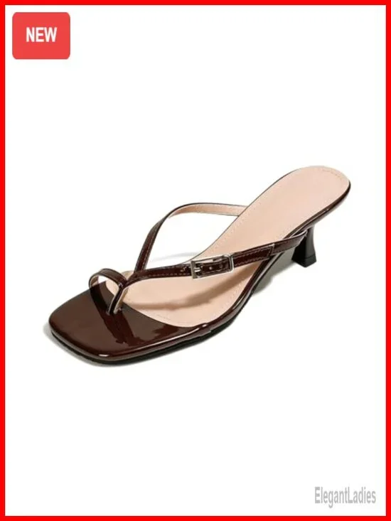 Patent Leather Kitten Heel Toe Ring Sandals Square Toe Flip Flops