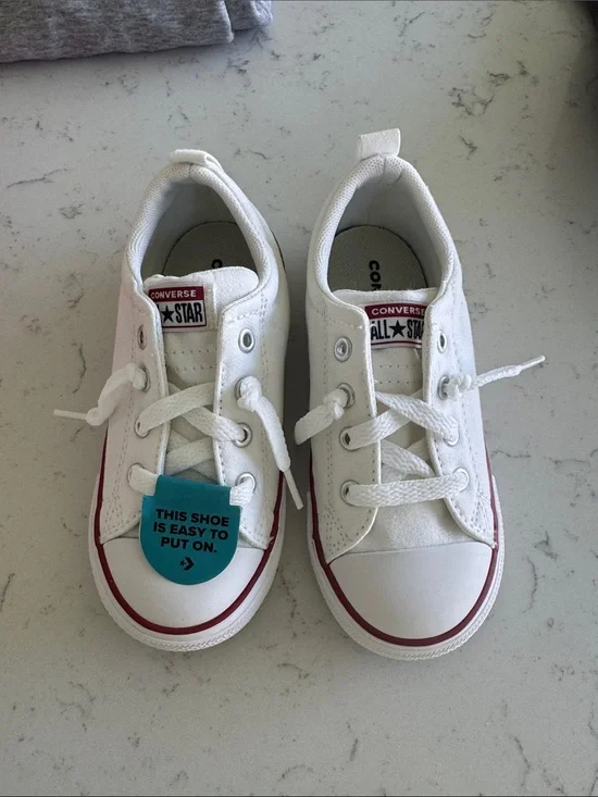 Converse Kids White Low Top Sneakers with Red Trim