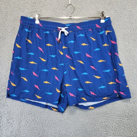 BRISIRA Swim Shorts Mens 38 2XL Blue Dolphin Print Stretch Drawstring Pocket NWT