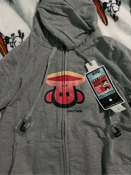 Paul Frank Gray Zip-Up Hoodie with Red/Pink Monkey Graphic