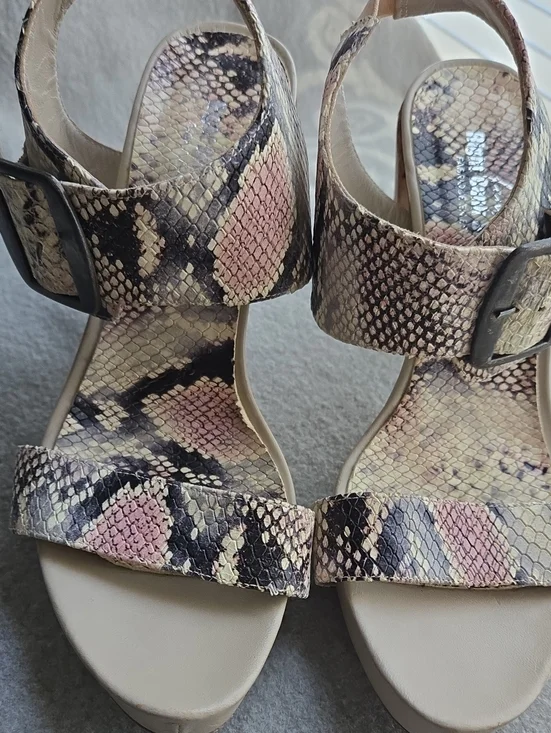 RIGHT Bank Shoe Co. Wedge Sandals in Snake-Print Beige and Pink