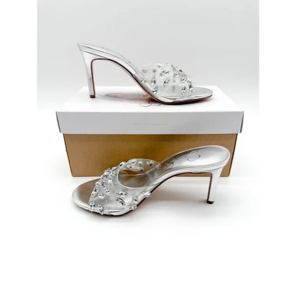 Jessica Simpson Primana Crystal Clear Stiletto Slide Mule Sandals Silver 5 NEW