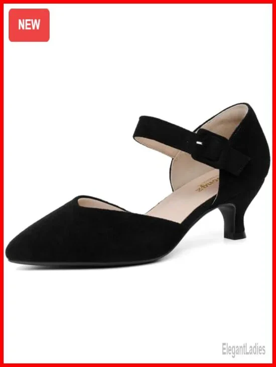 RIBONGZ Women's Kitten Heel Pointed Toe Ankle Strap Buckle Slip On Pumps