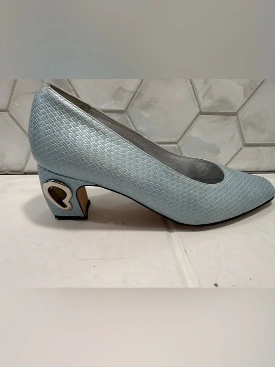Timothy Hitsman VTG Textured Light Blue Pump Shoe Metal Heart Block Heel 5.5-6?