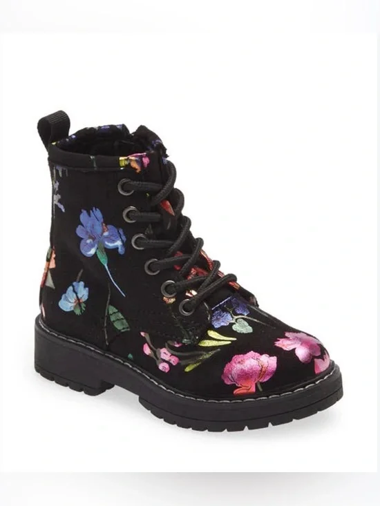 💐Steve Madden💐 T-Betty Floral Print Moto Combat Boot Black Flowers Size 2