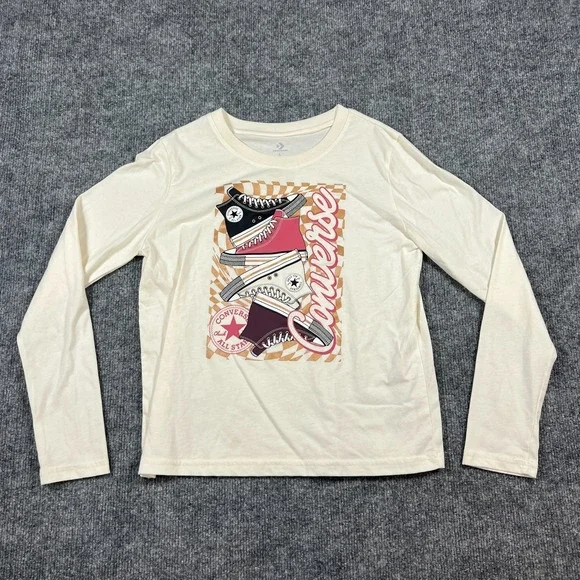Converse T Shirt Kids Large 12-13 Beige Cotton Stacked Sneaker Graphic Print Y2k