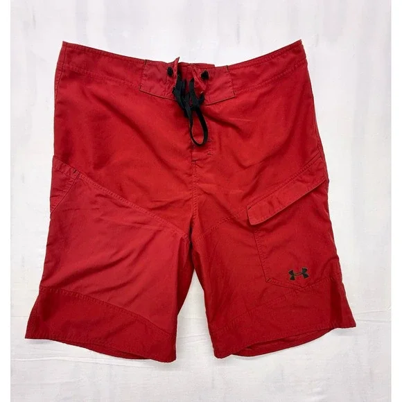 Under Armour Men's Red Solid Board Shorts Size 36 Drawstring Cargo Pocket