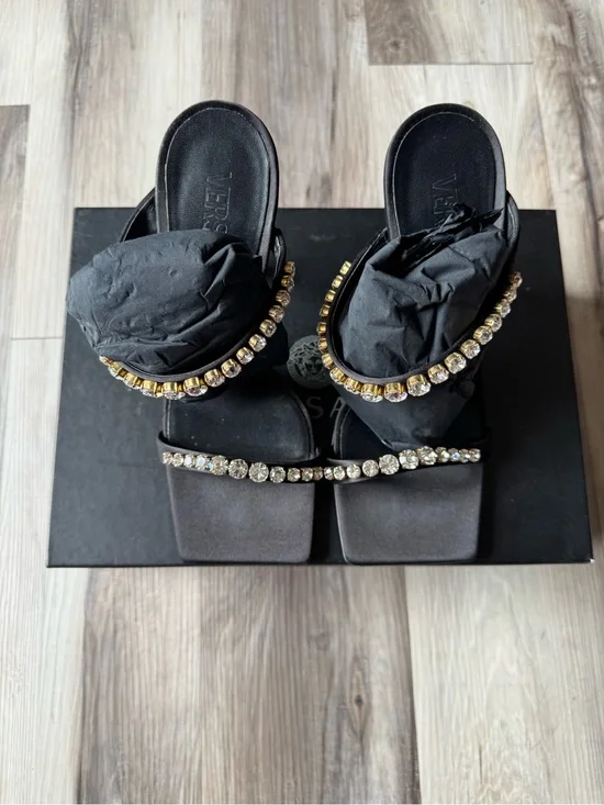 Versace Black Crystal-Trim Slide Heels