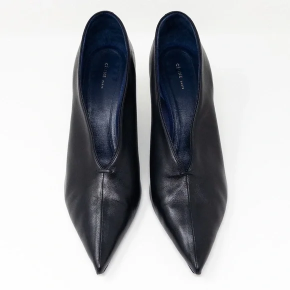 Celine Phoebe Philo Soft V-Neck Pumps 70 EU 40 Pointed Toe Cone Heel Black Nappa