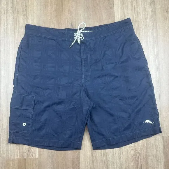 Tommy Bahama Relax Men's XL Navy Blue Plaid Zip Tie Pockets Board Shorts
